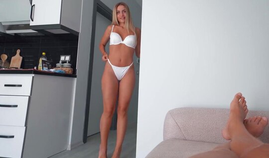 Blonde in white lingerie seduced her friend's boyfriend